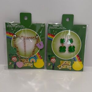 LUCKY CHARMS HER Clover Earrings & Charm bracelet Gold Green St Patrick's Day